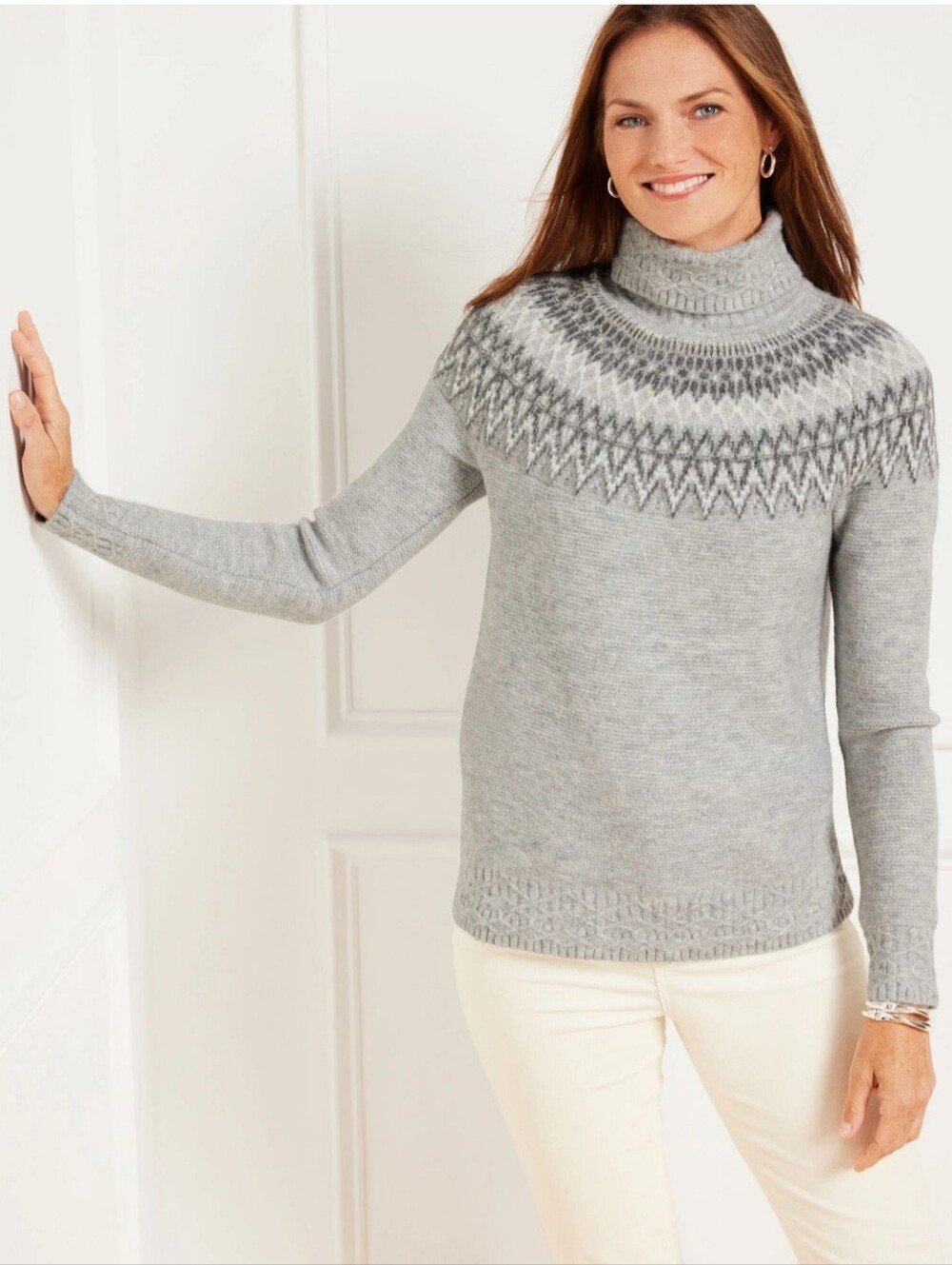 Talbots Metallic Whimsical Fair Isle Turtleneck Sweater Gray